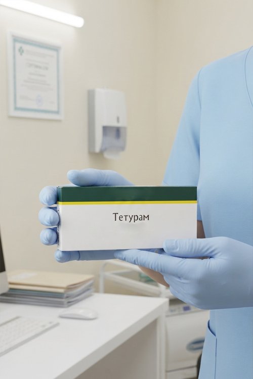 Медсестра держит в руках коробку препарата Тетурам