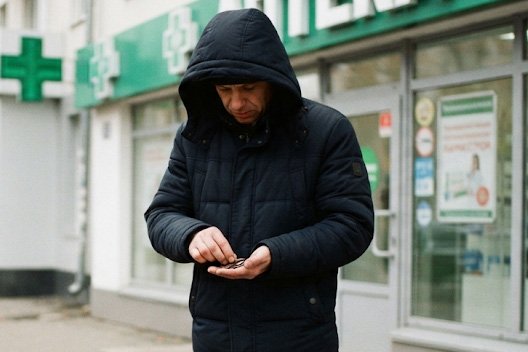Мужчина в темной куртке с капюшоном считает монеты у входа в аптеку, иллюстрируя ситуацию, когда требуется лечение аптечной наркомании