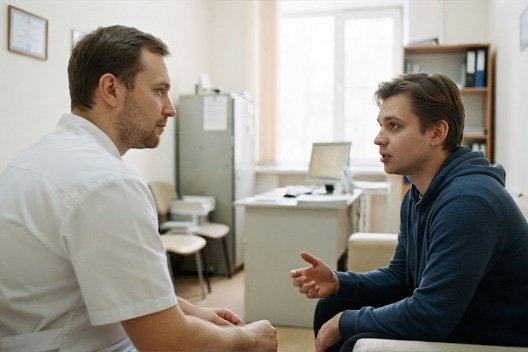 Врач-нарколог выслушивает пациента на сеансе убеждения на лечение алкоголизма в медицинском кабинете