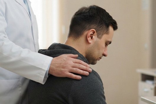 Врач поддерживает пациента во время сеанса в медицинском кабинете, иллюстрируя то, как проходит амбулаторная реабилитация наркозависимых