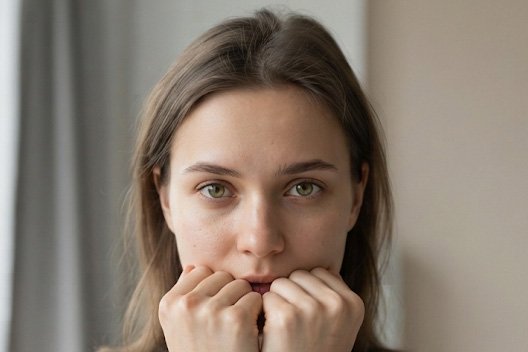 Женщина с встревоженным взглядом прижимает руки к лицу, иллюстрируя необходимость лечения фобий